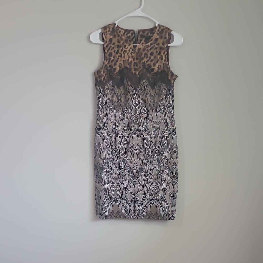 Ann Taylor Animal-Print to Lace-Pattern Midi Dress - Brown, Black, Cream
